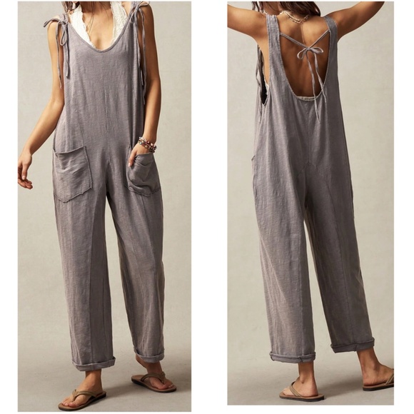 Solid Grey Shoulder tie Loose Fit Straight leg Jumpsuit - Picture 1 of 5